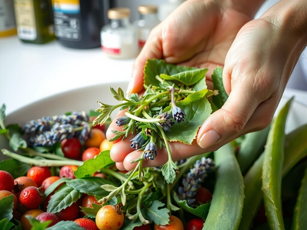 Close-up of vibrant, fresh herbs and natural ingredients being carefully selected, symbolizing ethical sourcing