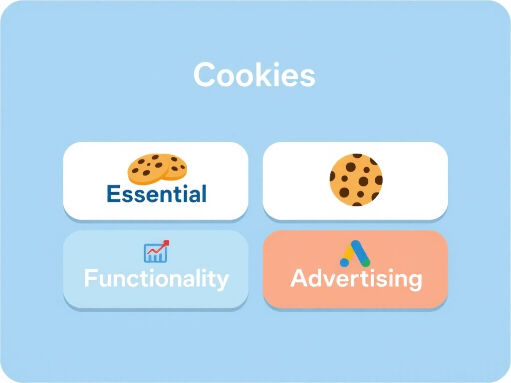 Digital representation of various cookie categories like analytics, essential, and advertising
