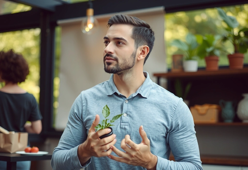 Man contemplating a healthy lifestyle with natural elements