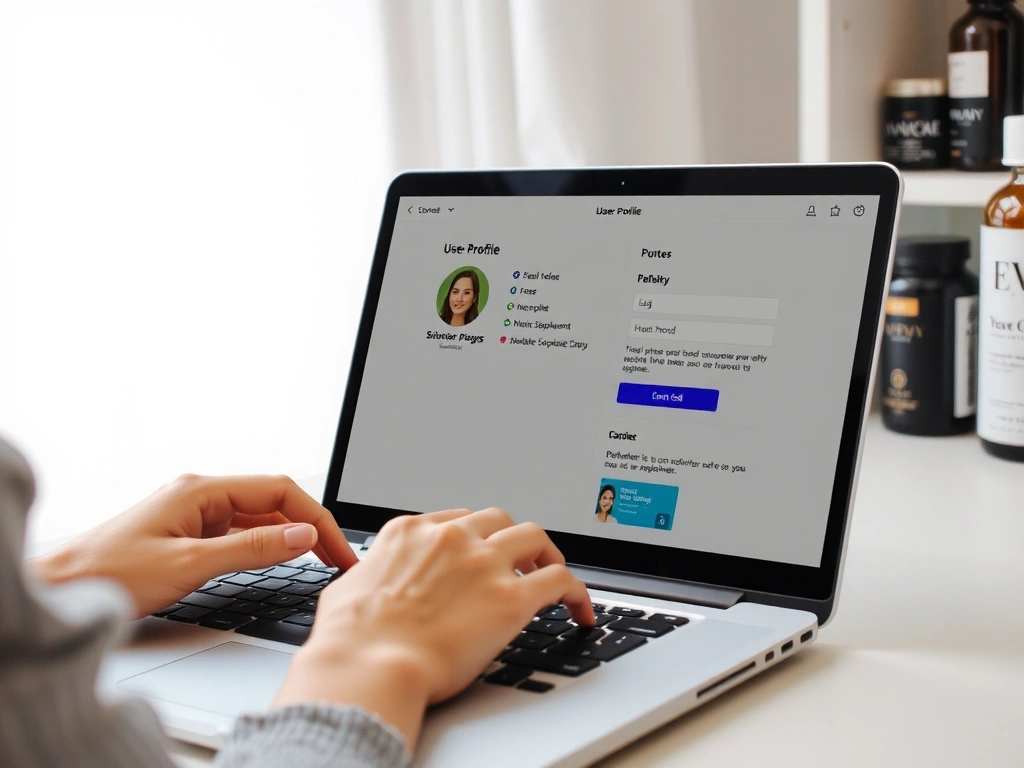A person managing their digital profile on a laptop, with various health and beauty products subtly blurred in the background.
